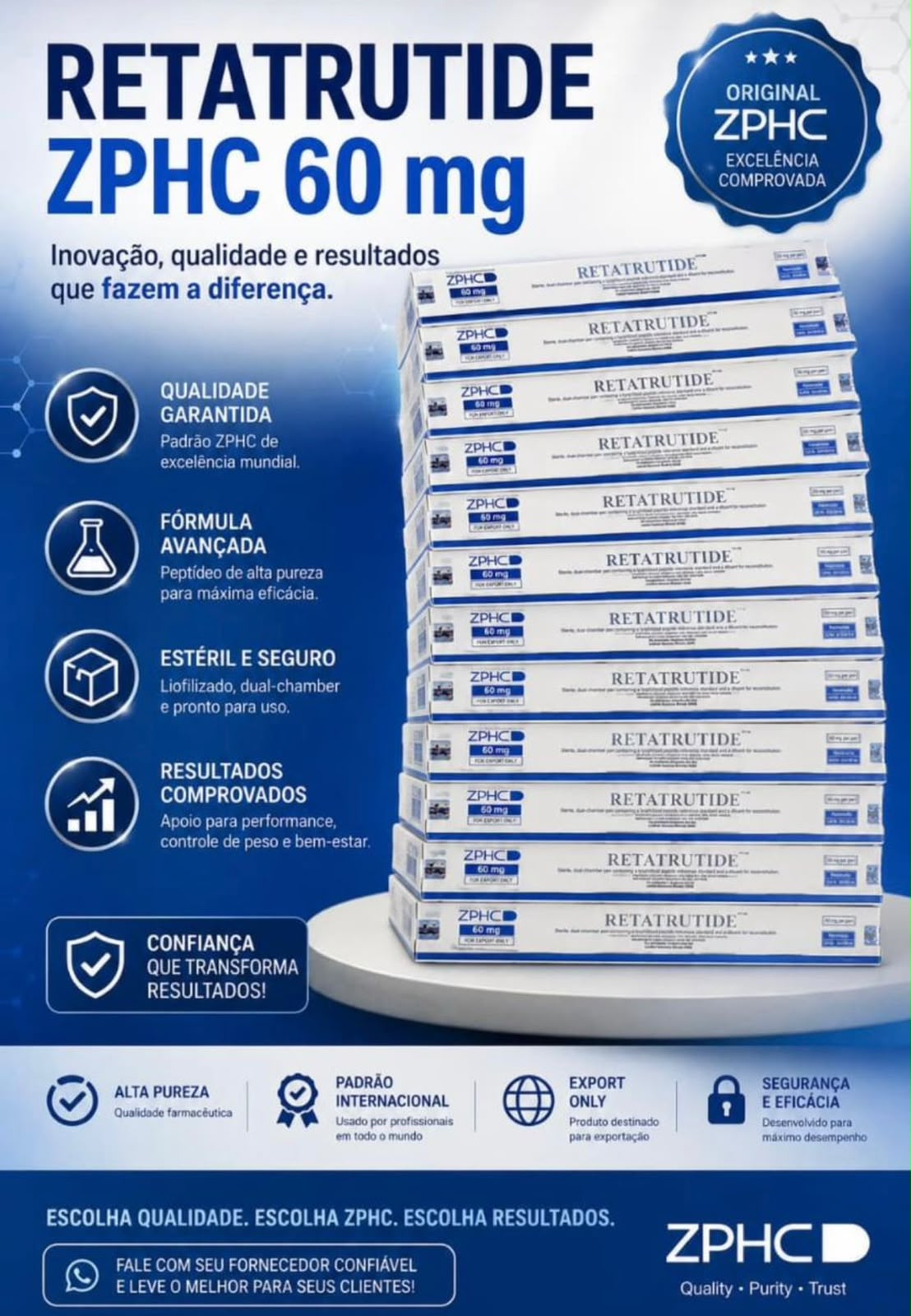 Material ZPHC Retatrutide 60 mg com caixas empilhadas