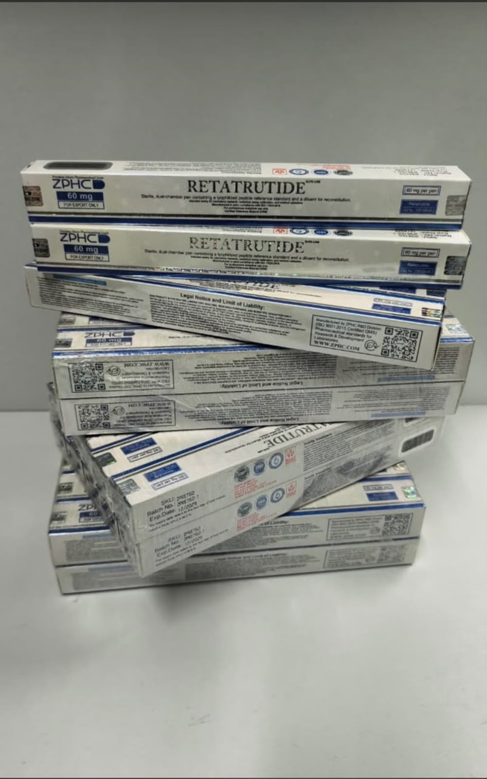 Caixas de canetas ZPHC Retatrutide 60 mg empilhadas